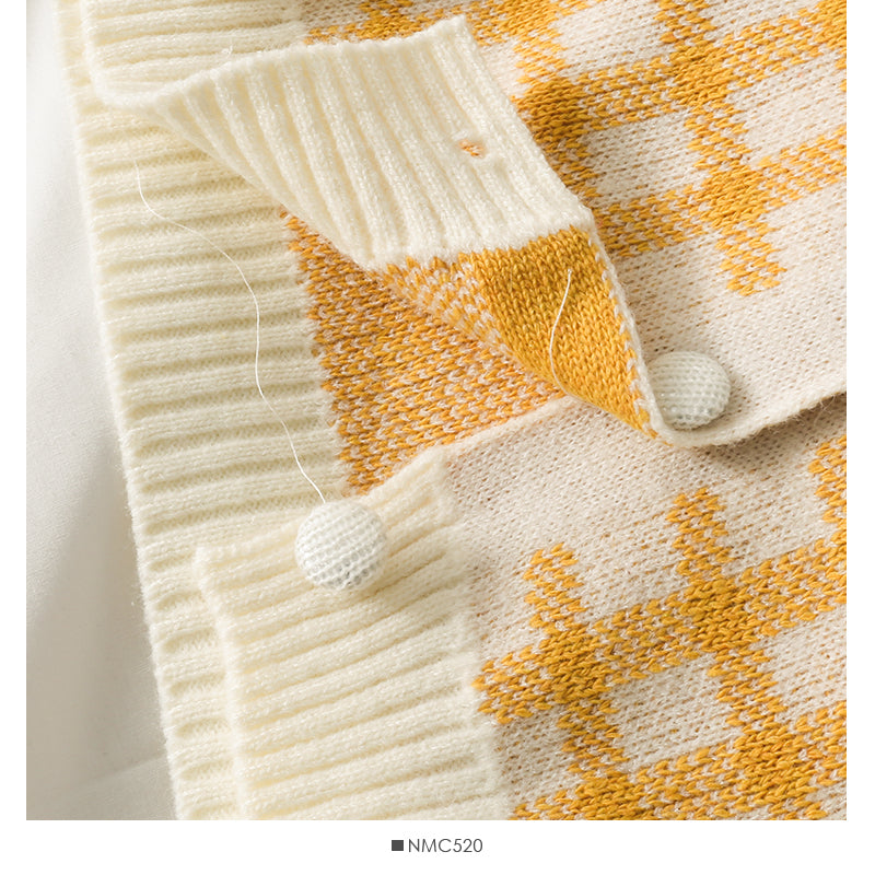 Korean retro color block check short loose knit women's shirt 1815