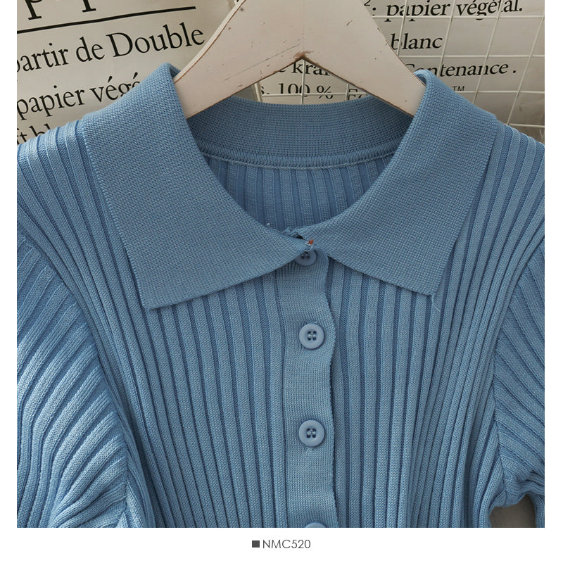 Korean solid color versatile breasted Lapel tight knit women's shirt 1842