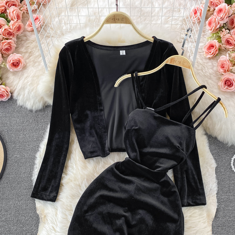 Velvet suspender Hip Wrap Dress 3261