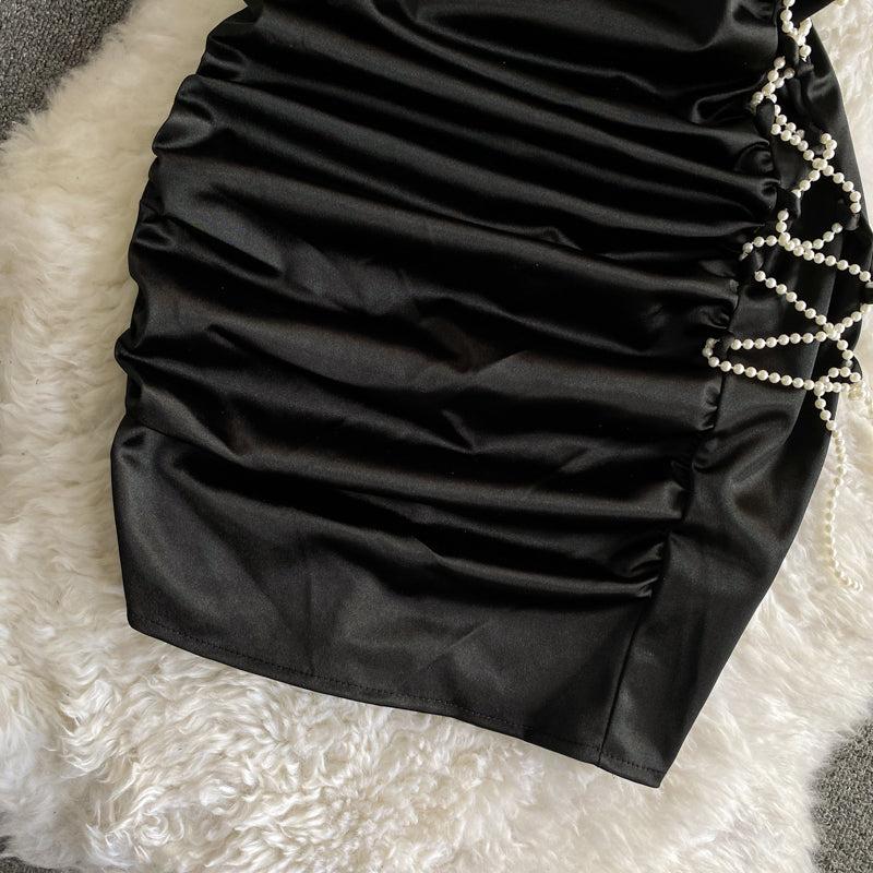 Sexy suspender skirt backless Satin skinny Pleated Dress 2817