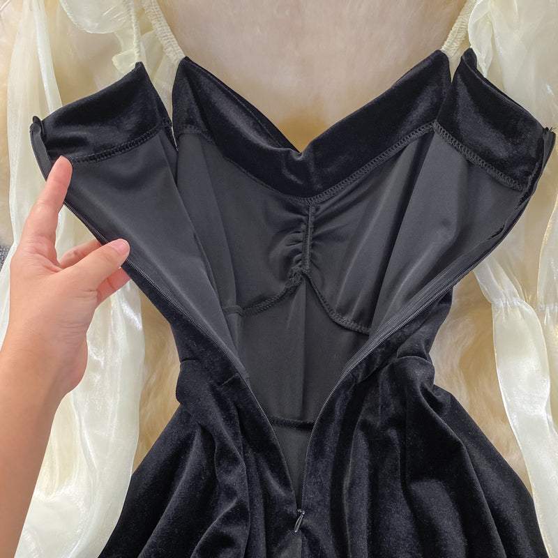 Square neck velvet waist puffy dress 3372