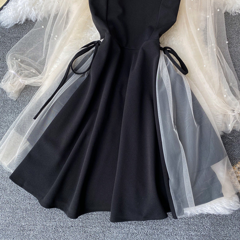 Low cut stitched mesh Beaded A-line skirt 2726