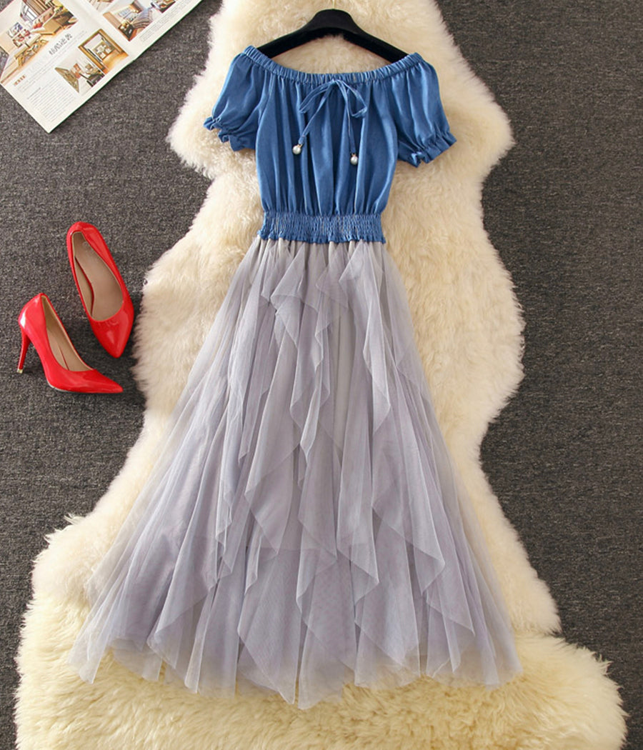 Cute denim stitching dress summer dress 1252