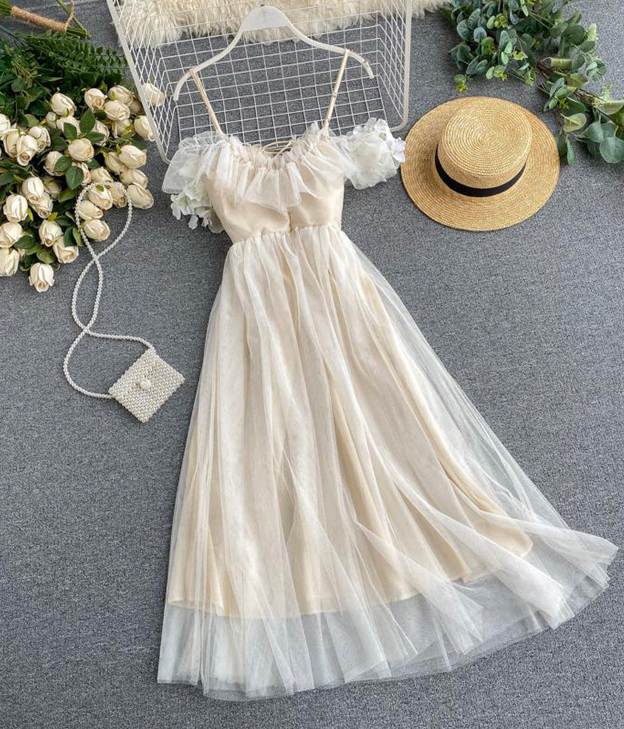 Cute champagne tulle dress summer dress 1244
