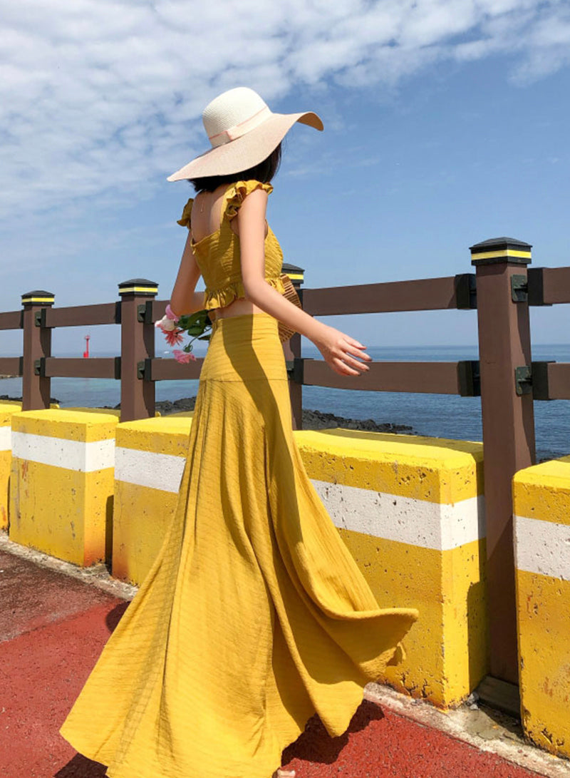Cute yellow two pieces dress summer dress 1216