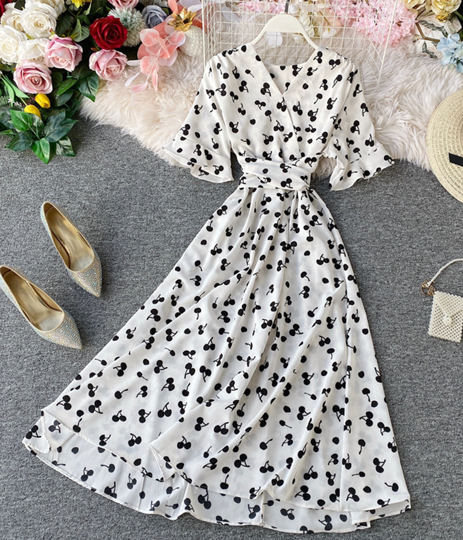 Cute v neck cherry dress summer dress 1282