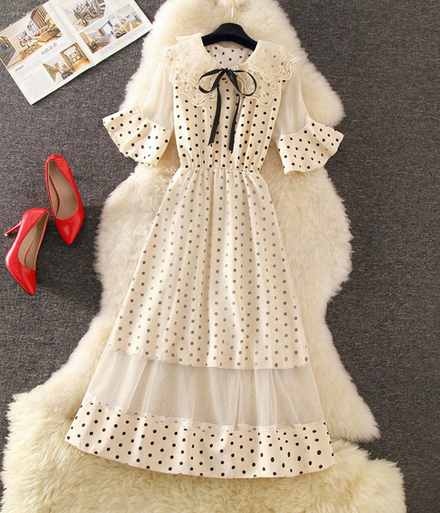 Schönes A-Linie Polka Dot Spitzenkleid Sommerkleid 1248