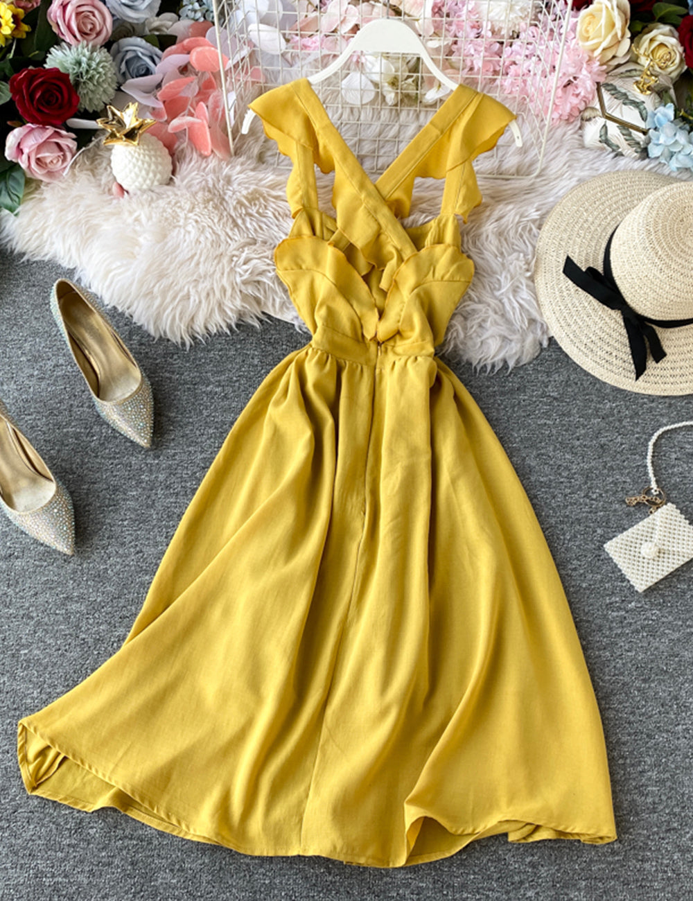 Fashion girl dress A line yellow summer dress 1220