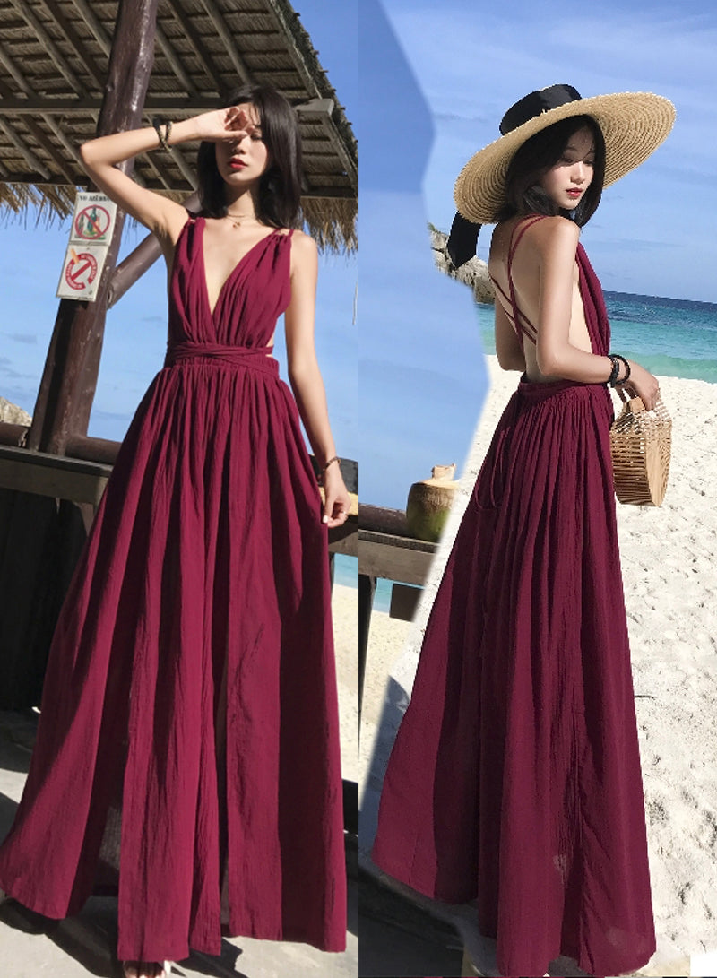 Burgund V-Ausschnitt langes Kleid Sommerkleid 1217