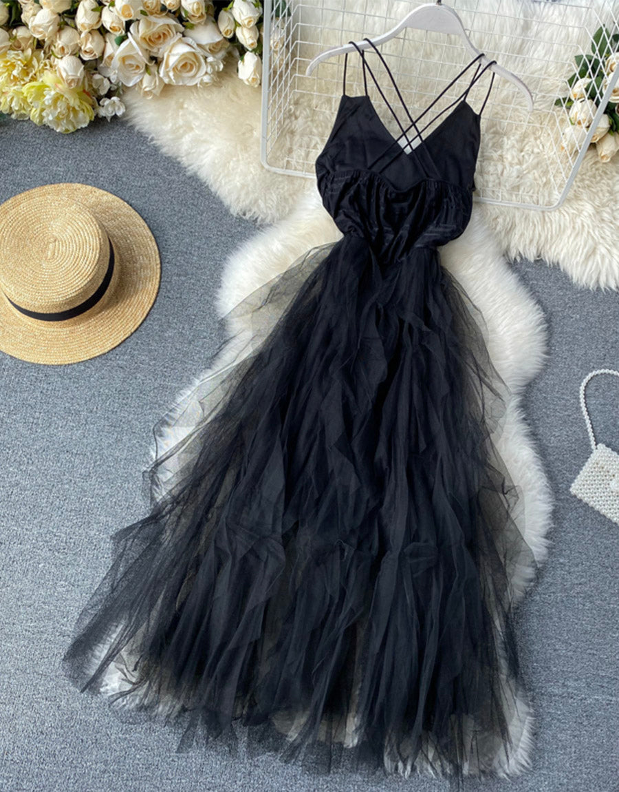 Black v neck tulle dress fashion dress 1121