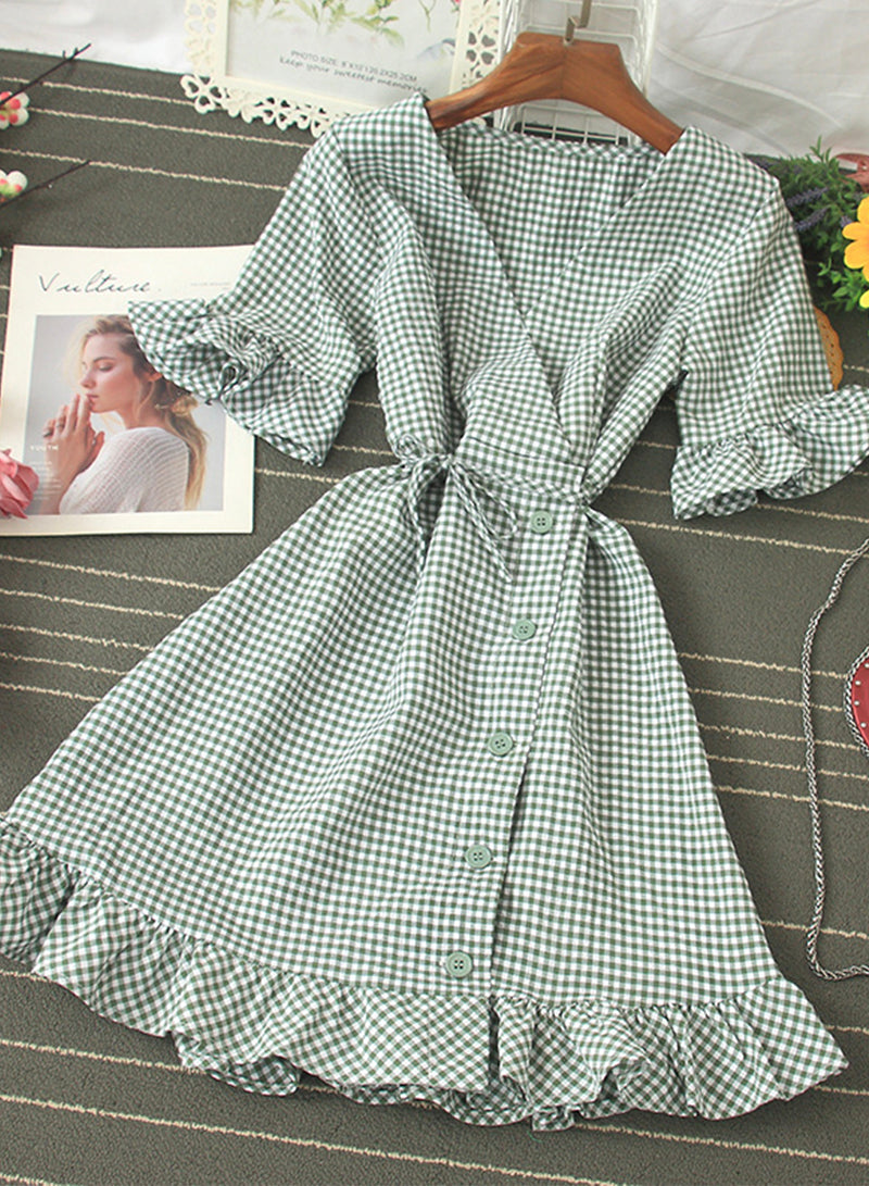 Kariertes Kleid mit Retro-V-Ausschnitt, Damenkleid 1202