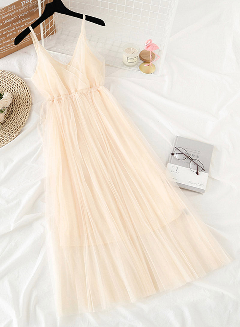 A line v neck tulle dress women's dress 1154