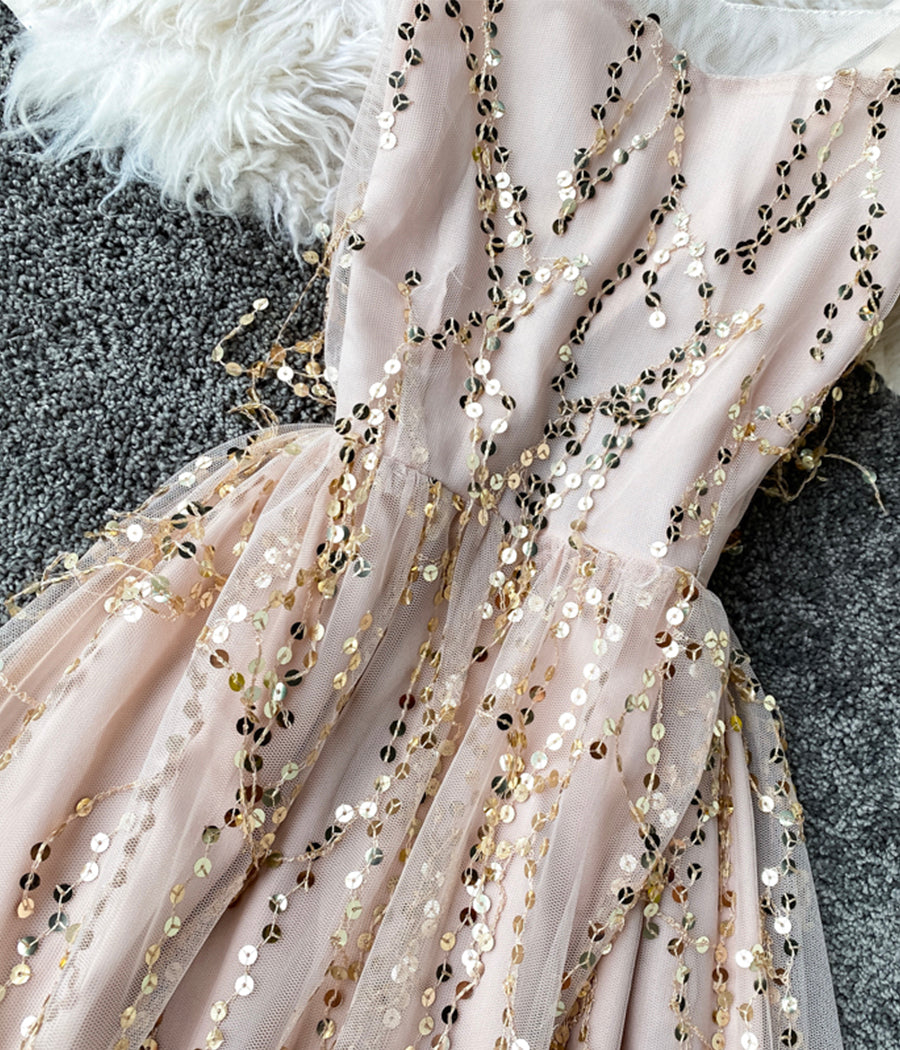 Fashion girl dress A line v neck tulle sequins dress 1234