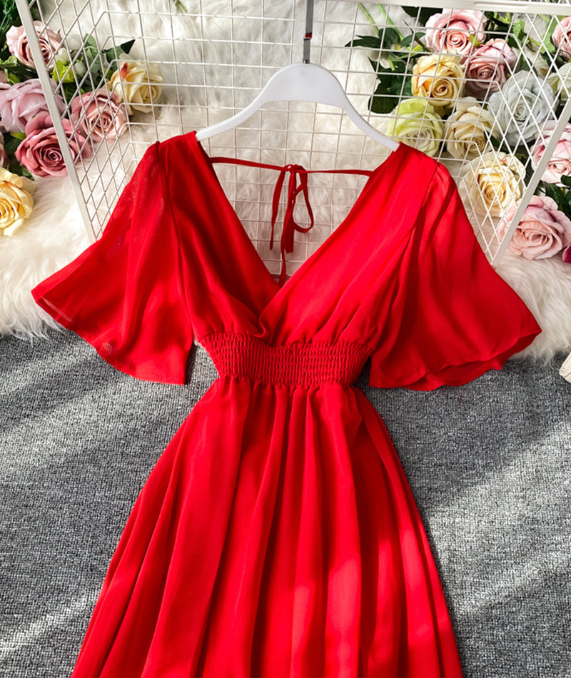 Red v neck chiffon dress fashion dress 1063