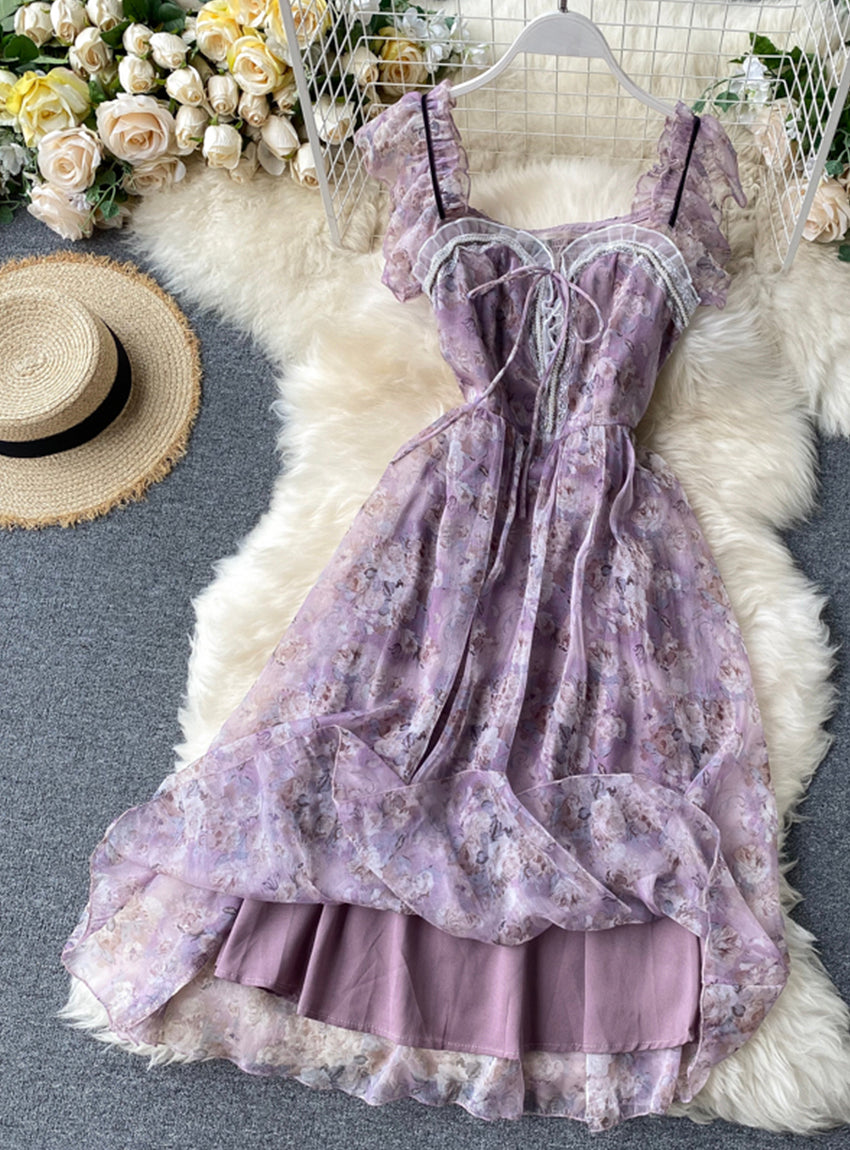 Purple print sleeveless short dress women's dress 1177