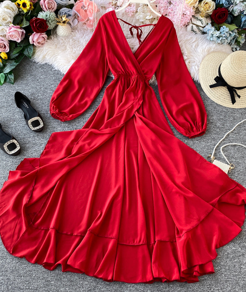 Red A line v neck long sleeve dress women's dress 1066