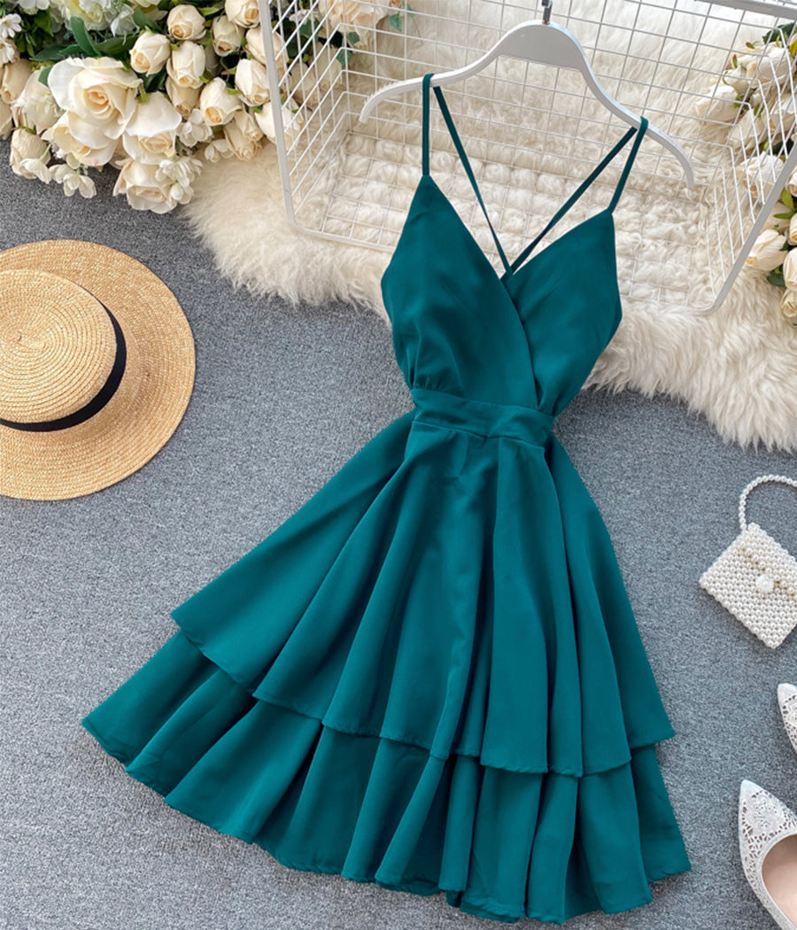 A line v neck short dress summer dress 1196