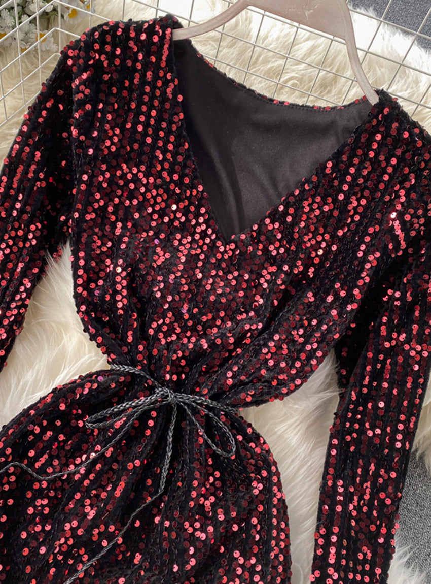 Shiny sequined long-sleeved bag hip short dress women's dress 1173