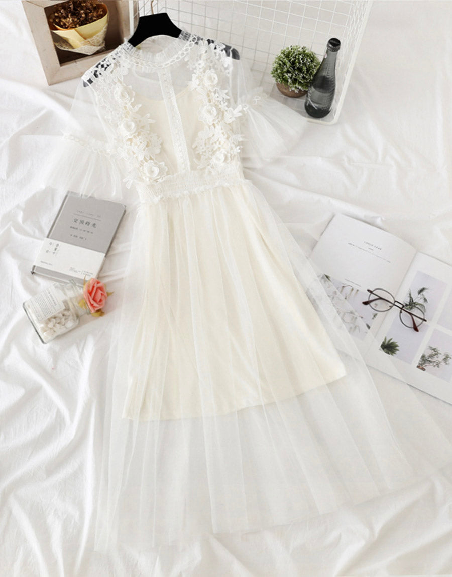 Cute A line tulle lace applique dress summer dress 1147