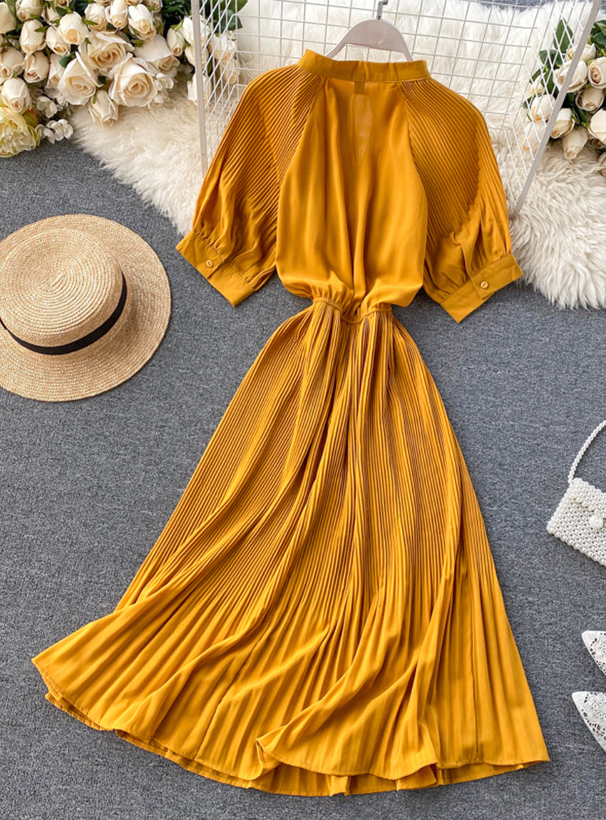 Simple A line pleated dress fashion girl short sleeve dress 1181