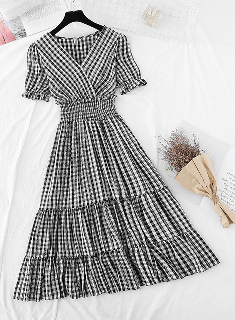 A line v neck plaid dress women's dress 1138