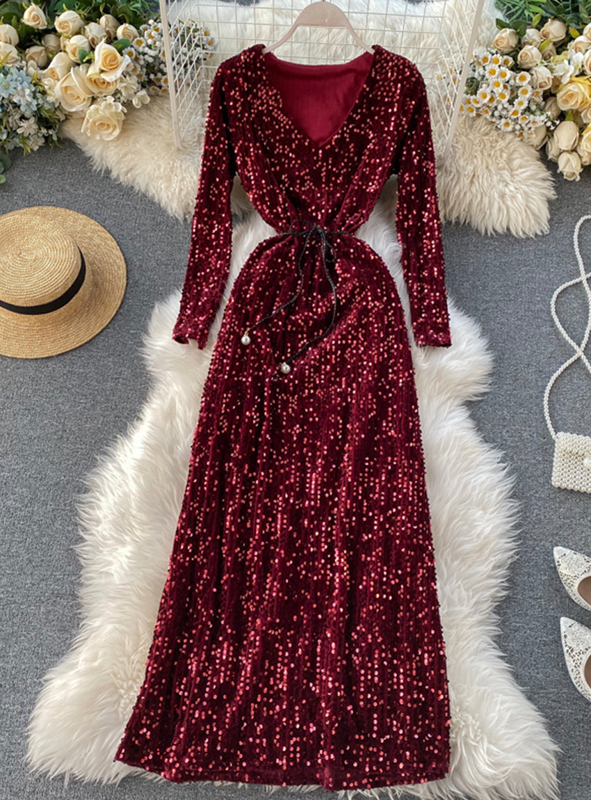 Shiny sequined long sleeve dress women's dress 1174
