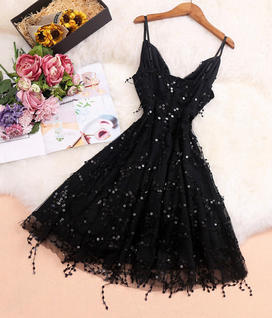 Stylish v neck tulle sequins short dress party dress 1131