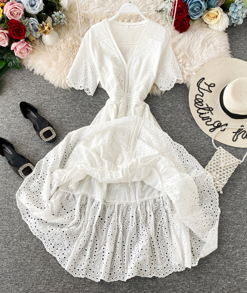 White v neck short sleeve dress fashion dress 1074