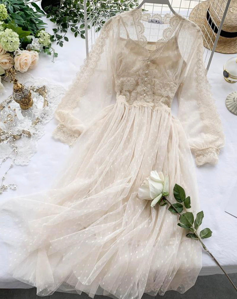 A line tulle lace long sleeve dress fashion dress 1072