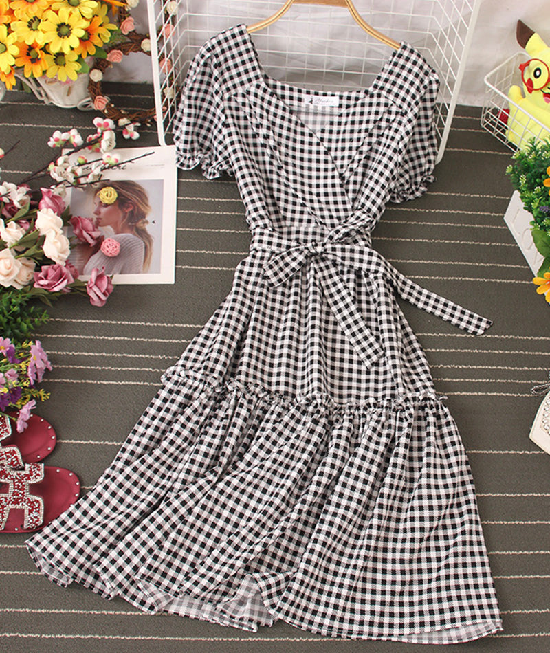 Cute plaid dress A line short dress 1004