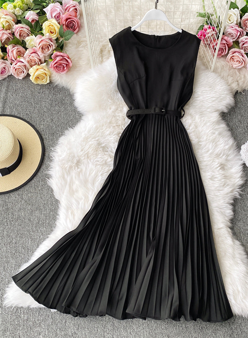 Cute A line round neck sleeveless midi dress 1029