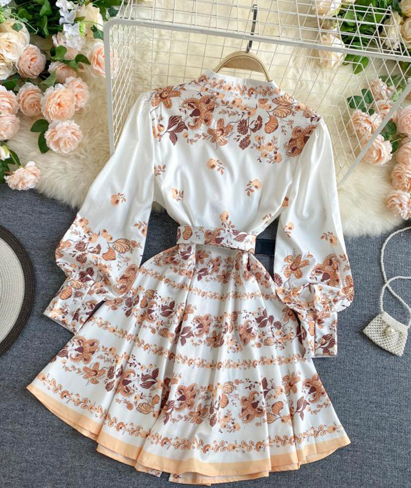 Schlankes, langärmliges Kleid mit Retro-Print 1031