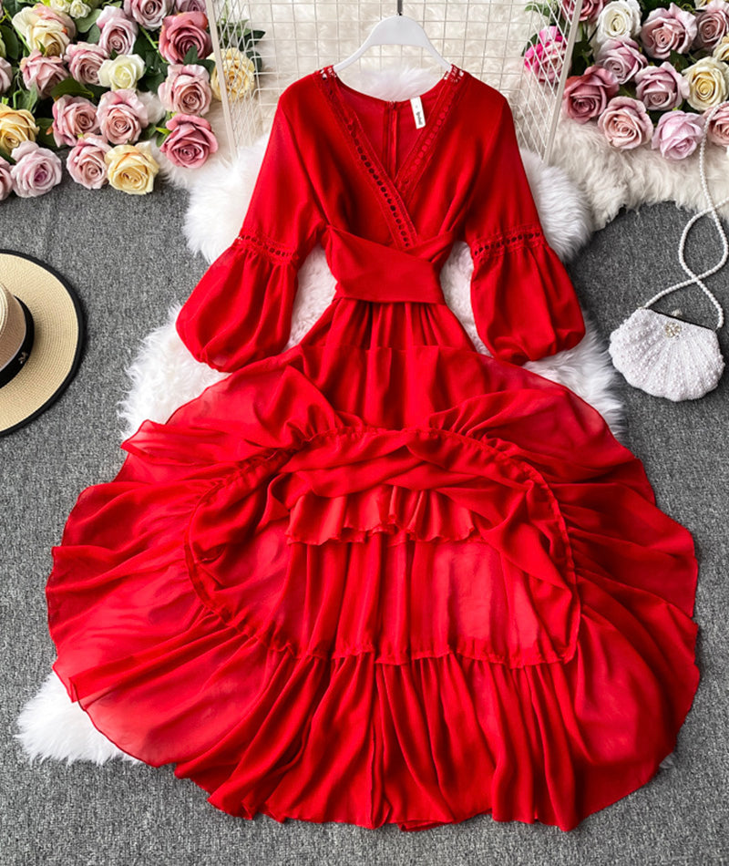 Red A line chiffon dress fashion girl dress 1000