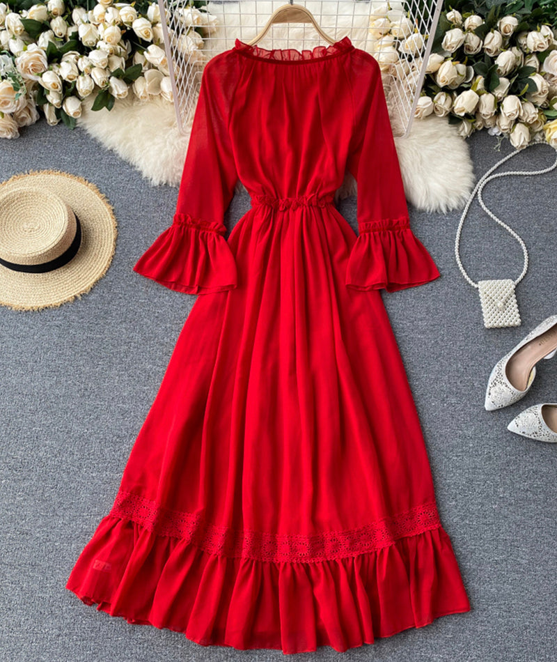 Red chiffon lace dress red A line dress 993