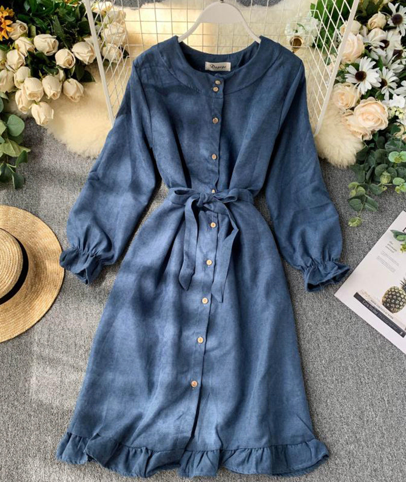 Long sleeve ruffle hem button down dress 1041