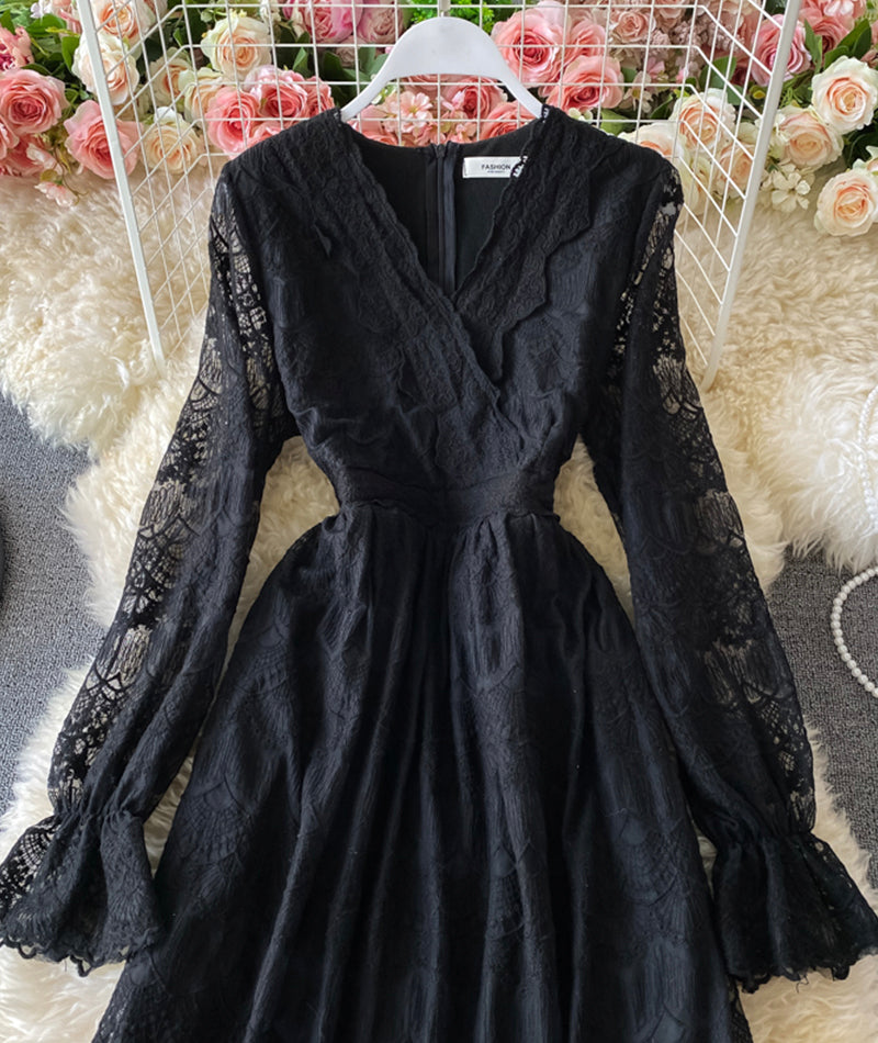 Elegant v neck lace long sleeve dress 966