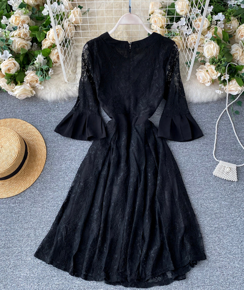 Black A line lace short dress 953