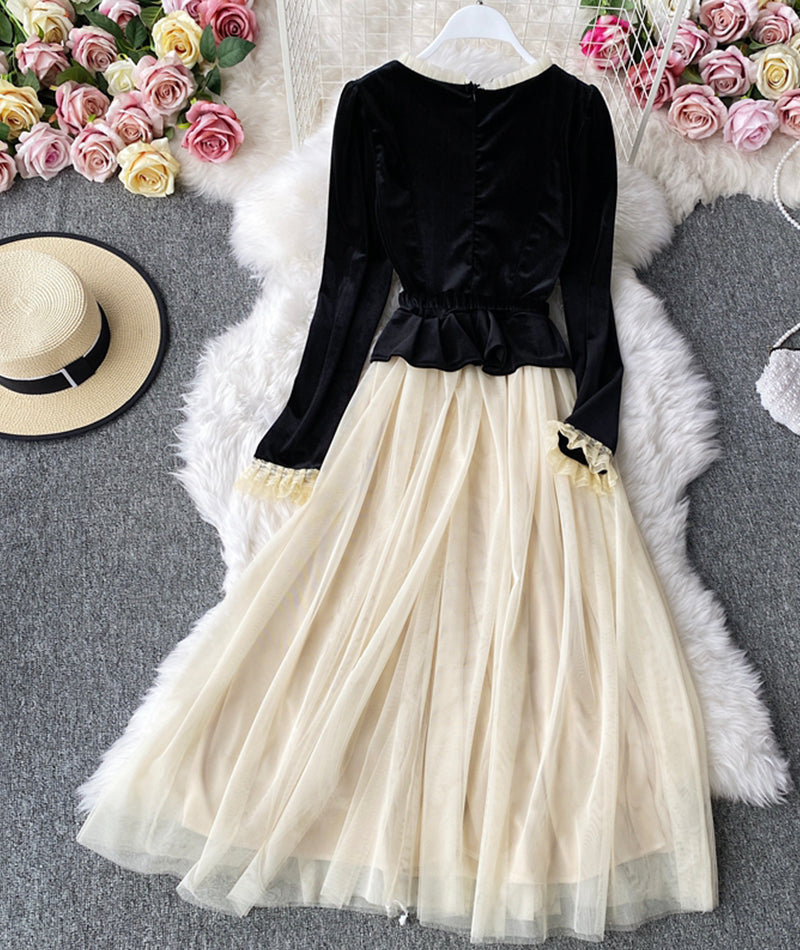 Retro A line velvet dress long sleeve dress 959