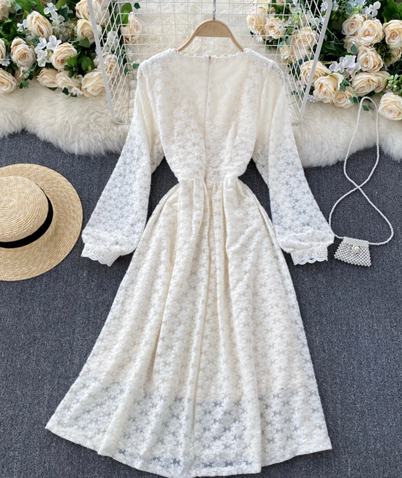 A line v neck lace long sleeve dress 925