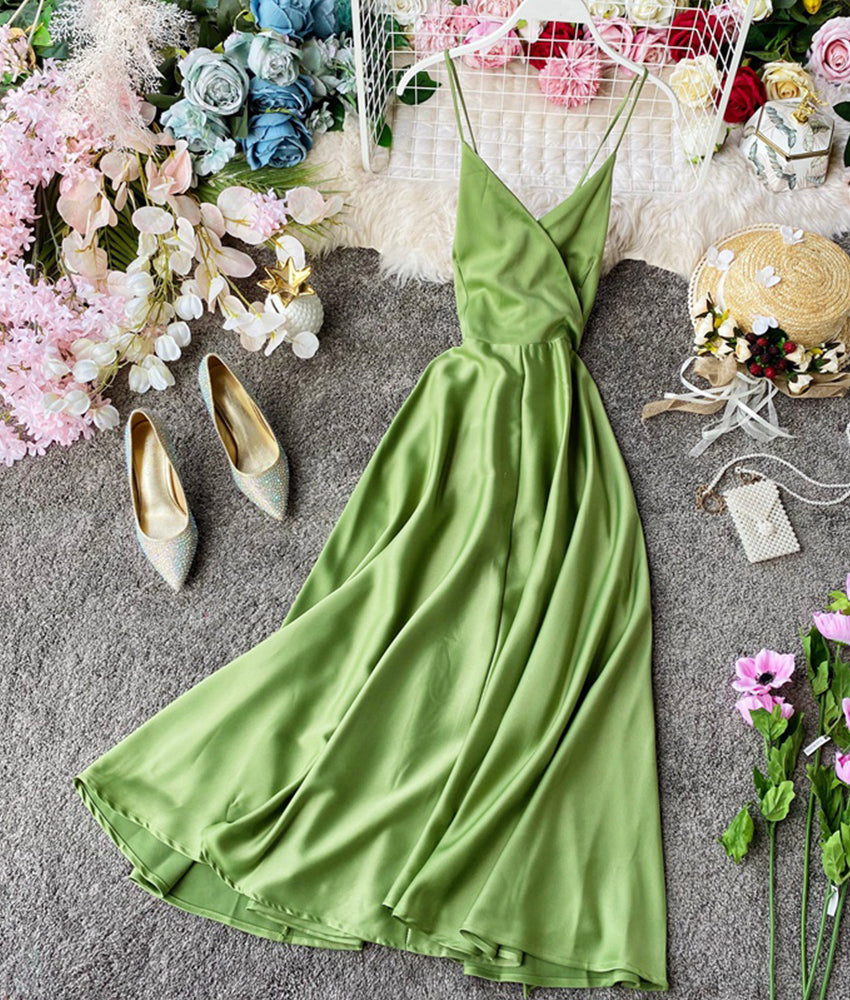 Einfache A-Linie V-Ausschnitt Satinkleid Mode Mädchenkleid 915