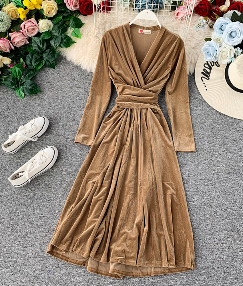 Elegantes Samtkleid mit V-Ausschnitt, Langarmkleid 914