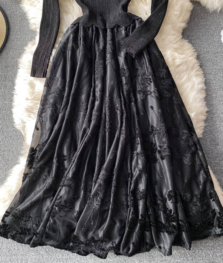 Stilvolles A-Linien-Patchwork-Kleid Langarmkleid 898