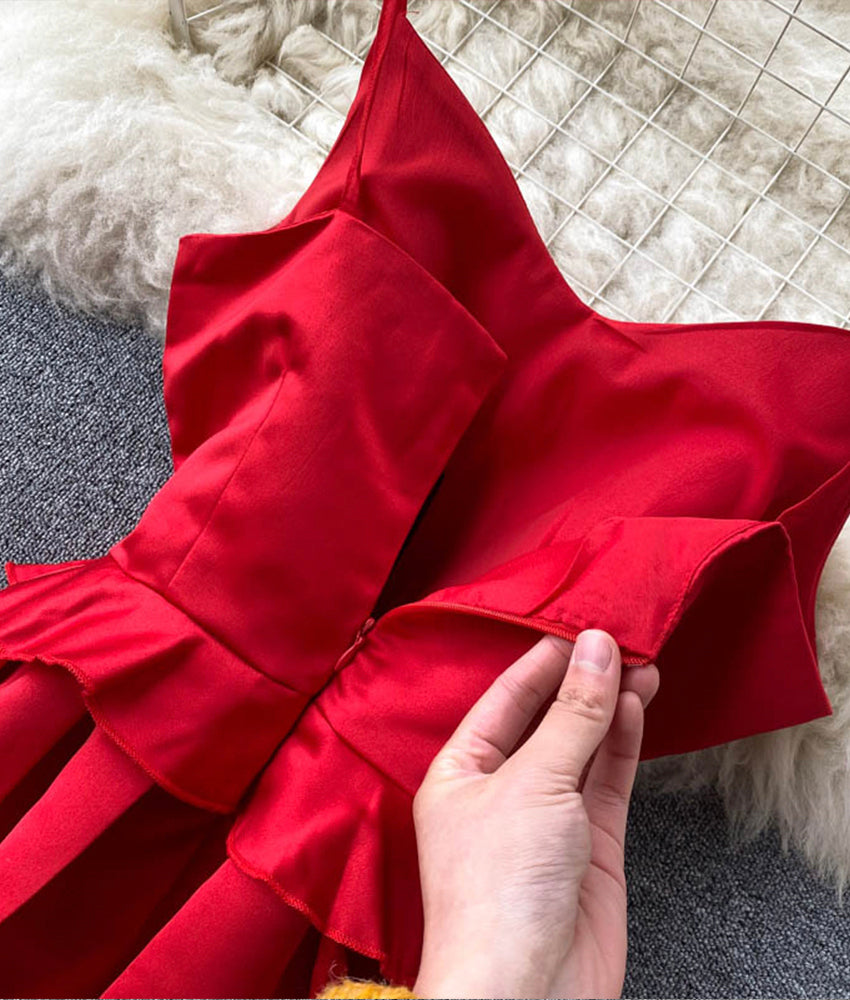 Red v neck satin short dress 909