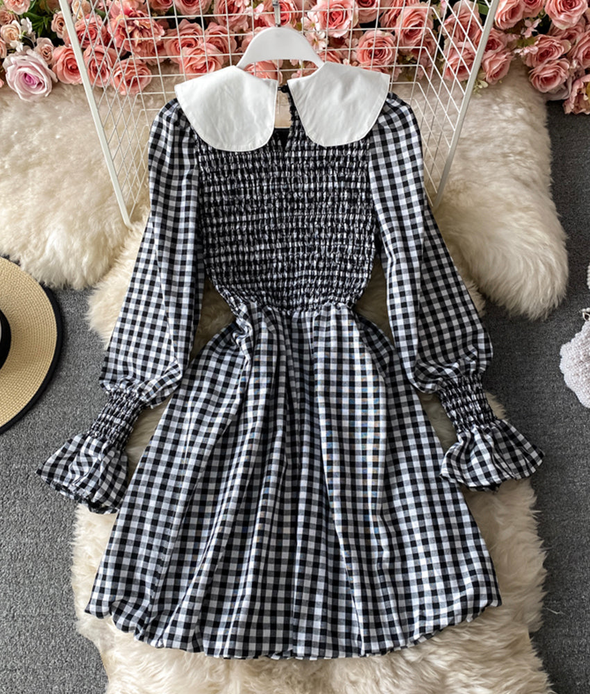 Cute A line short dress black and white plaid dress 877