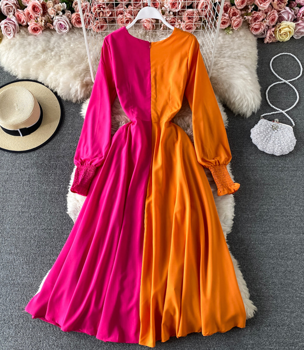 Unique color-blocking long-sleeved dress 869