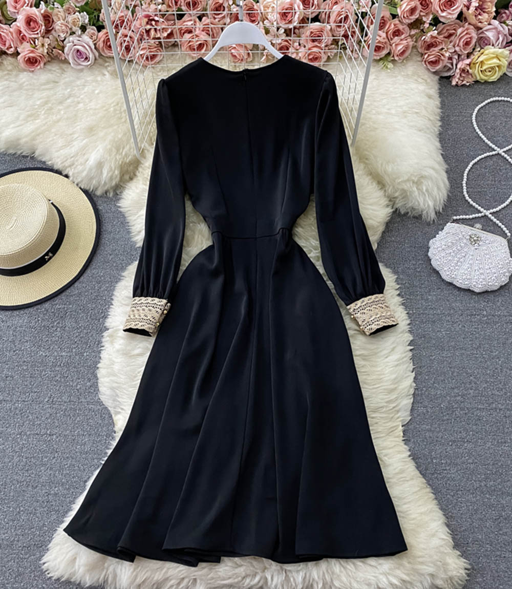 Elegant v neck lace long sleeve dress black dress 854