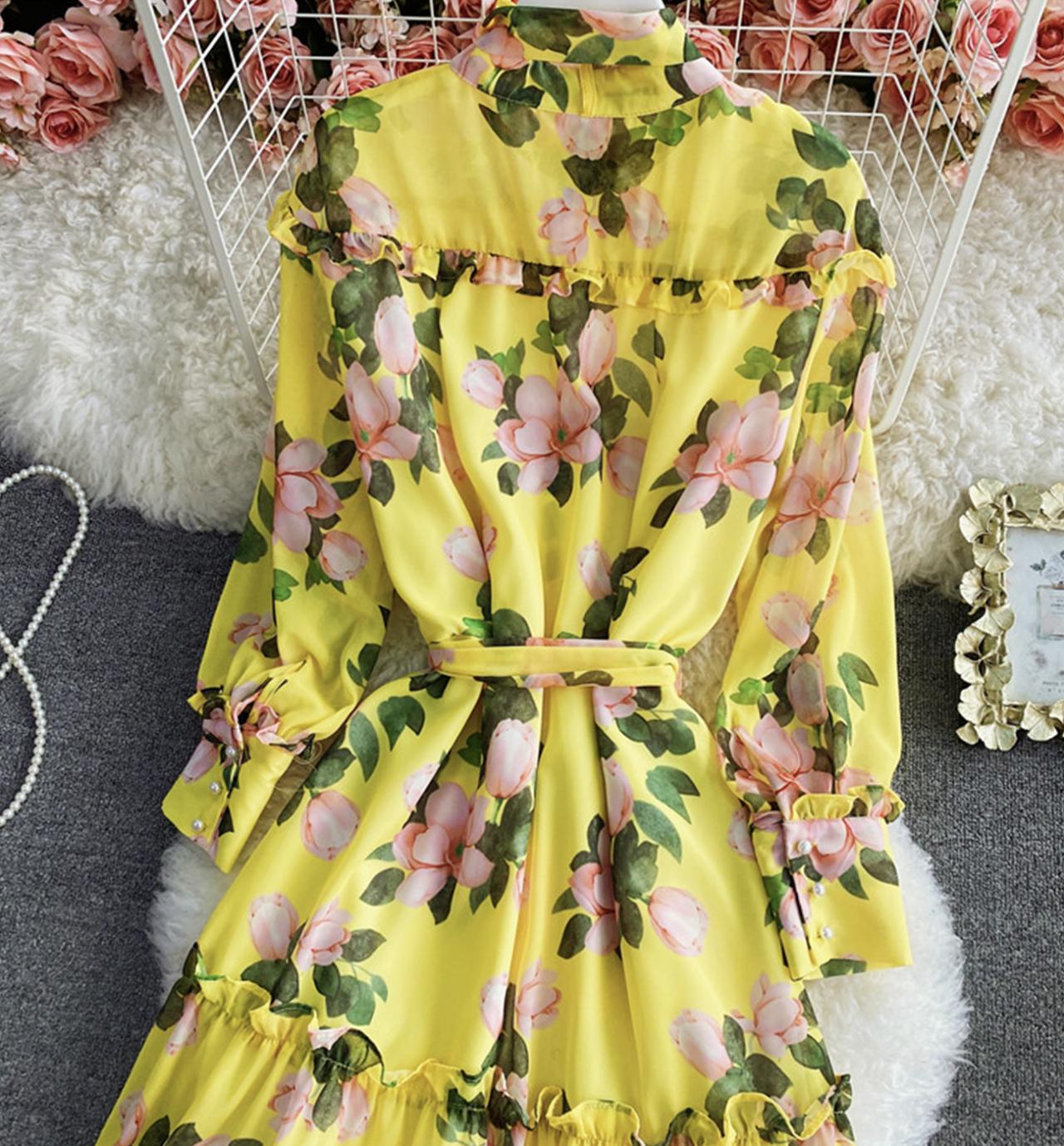 Yellow A line floral dress 814