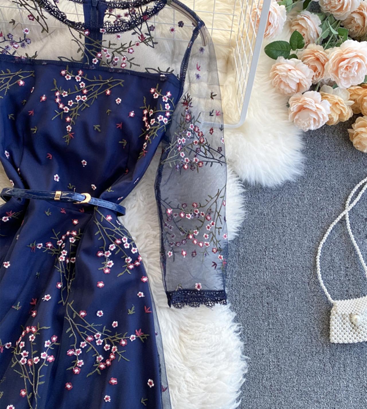 Blue lace short A line dress fashion girl dress 797