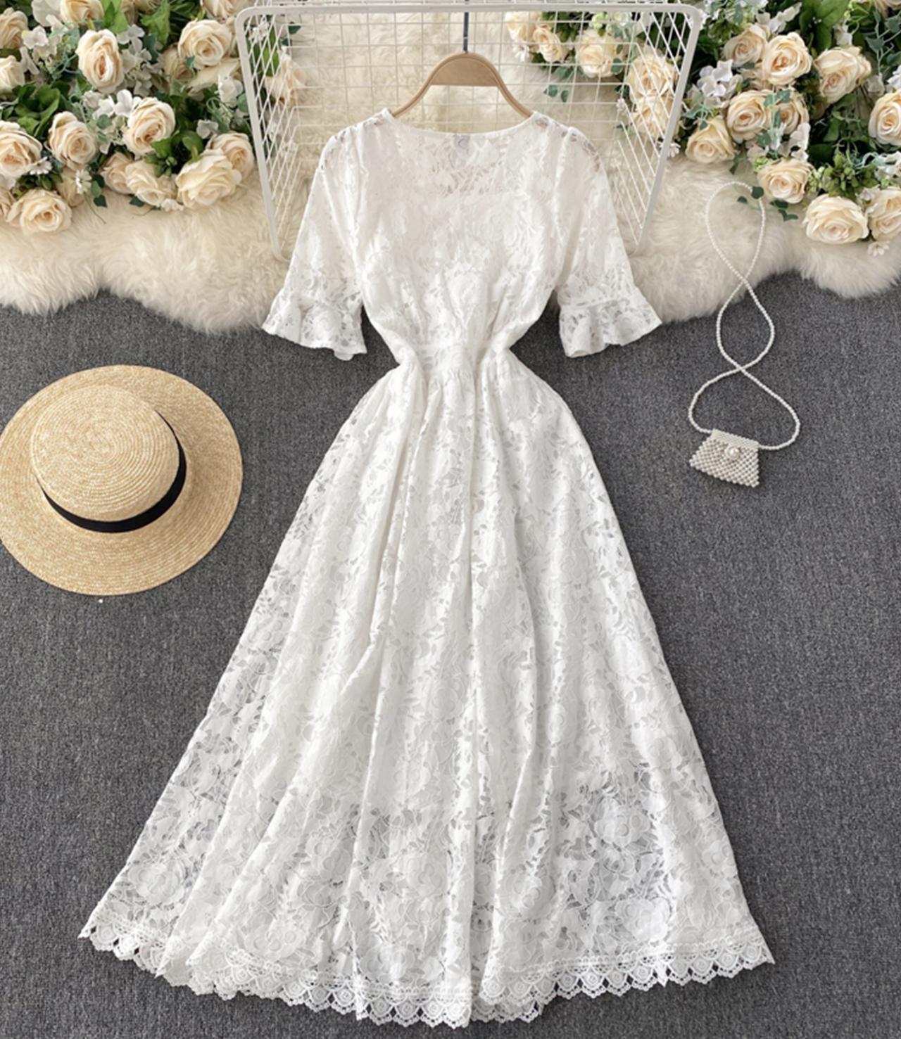 White A line lace v neck dress 793