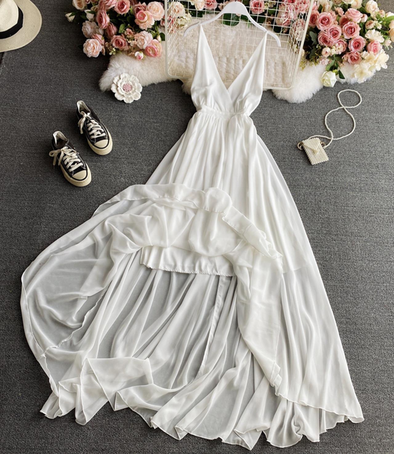 Simple A line chiffon dress white v neck dress 824
